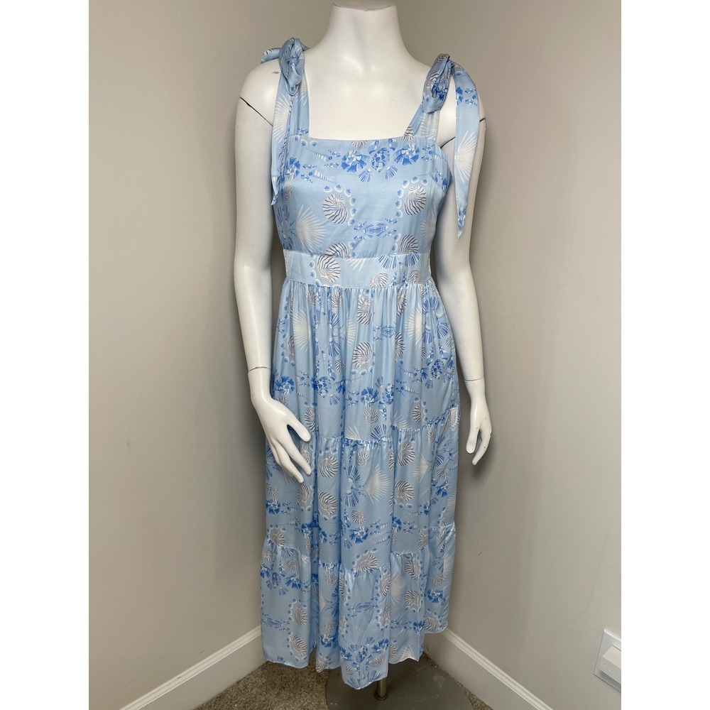 Emily McCarthy Satin Midi Dress Coastal Shells Blue White Tie Shoulder Small